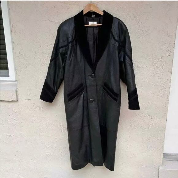 Vintage Leather Suede Long Black Coat Womens Medium - Picture 1 of 8